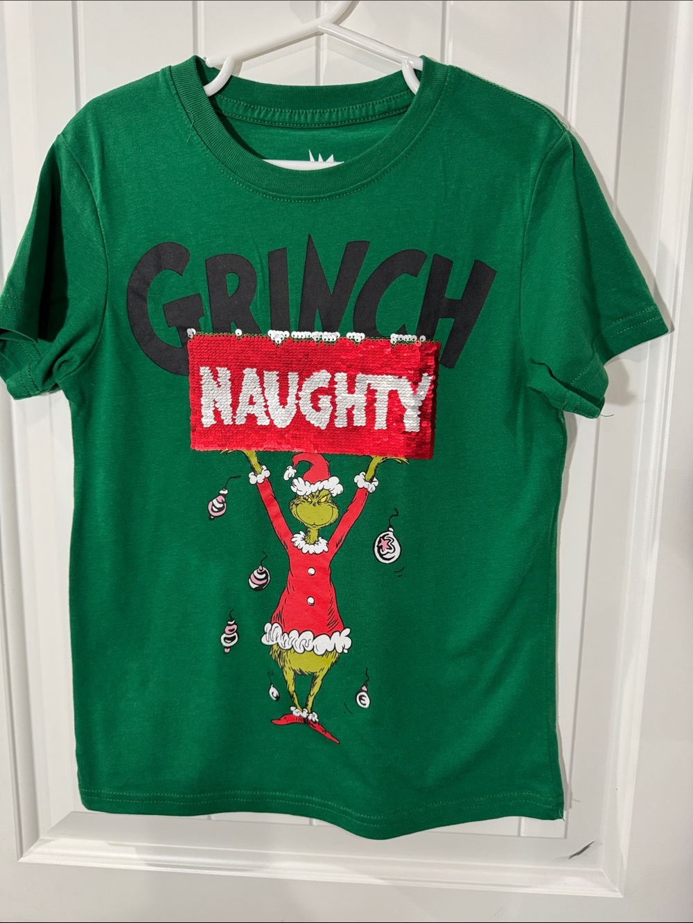 The Grinch Kids' Green 'Naughty' Christmas Sequin T-Shirt Unisex (XS)